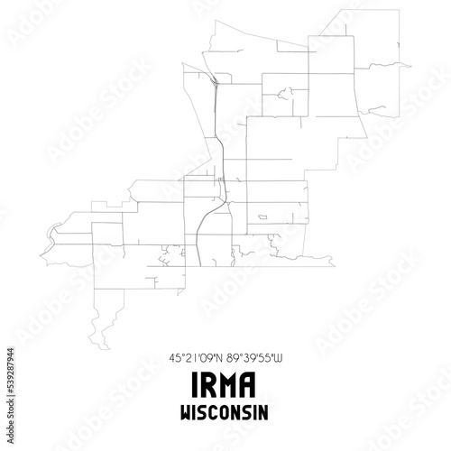 Irma Wisconsin. US street map with black and white lines.