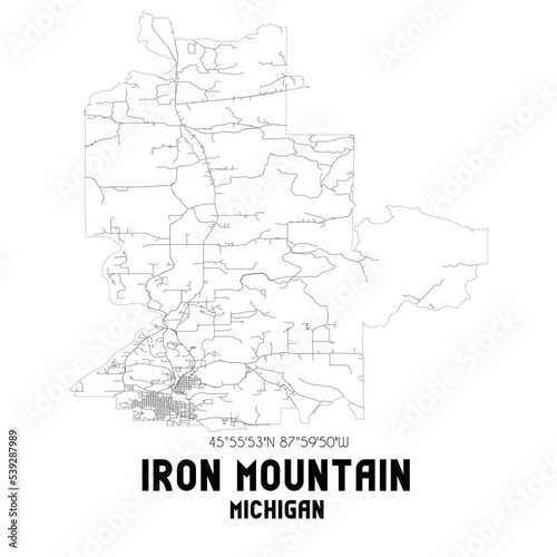 Iron Mountain Michigan. US street map with black and white lines.