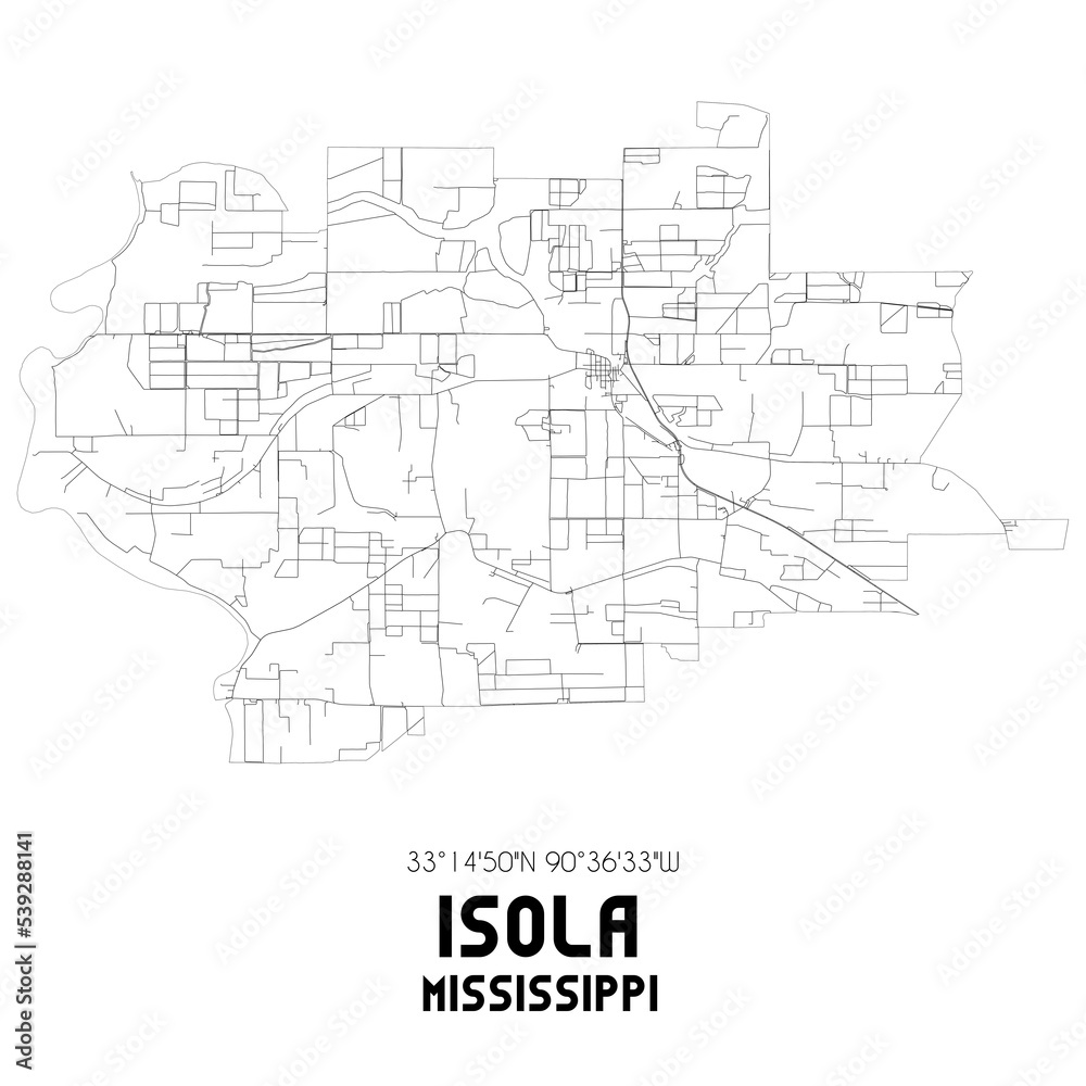 Isola Mississippi. US street map with black and white lines.