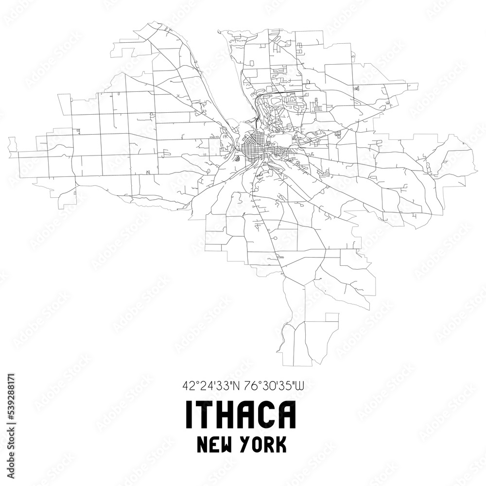 Ithaca New York. US street map with black and white lines.