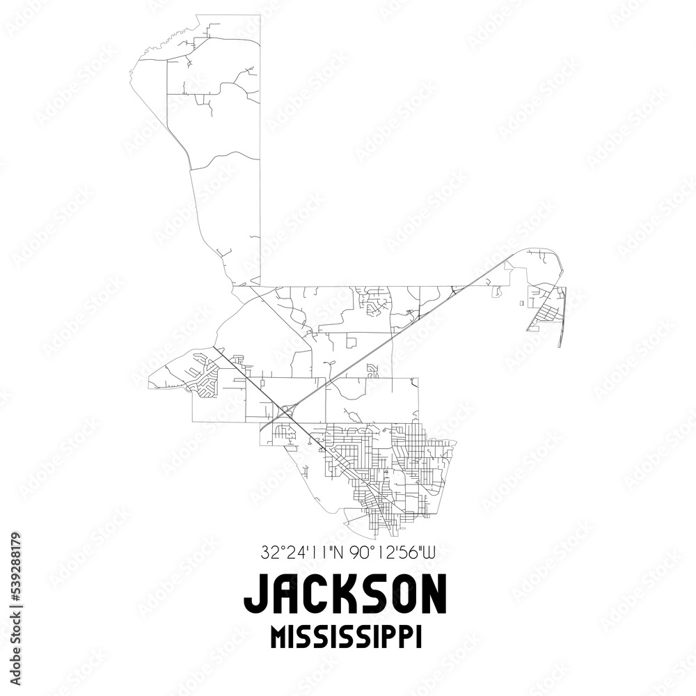 Jackson Mississippi. US street map with black and white lines.