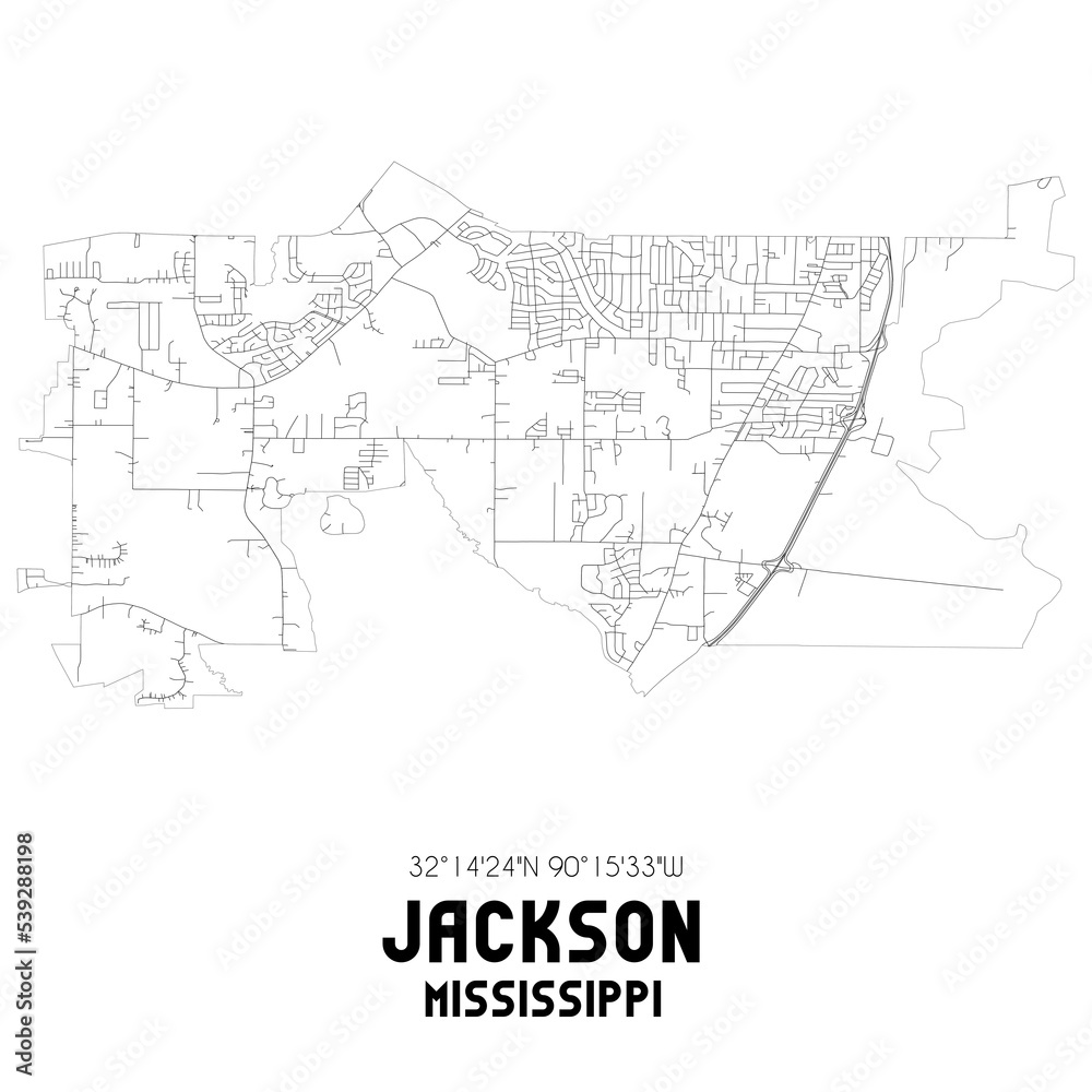 Jackson Mississippi. US street map with black and white lines.