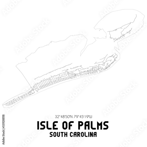 Isle Of Palms South Carolina. US street map with black and white lines.