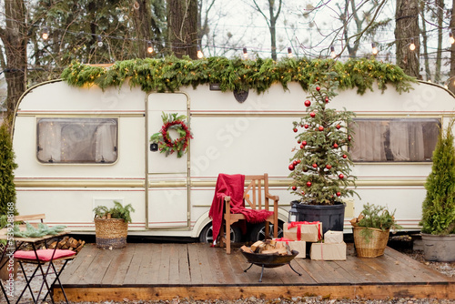 Vintage old trailer with Christmas decorations