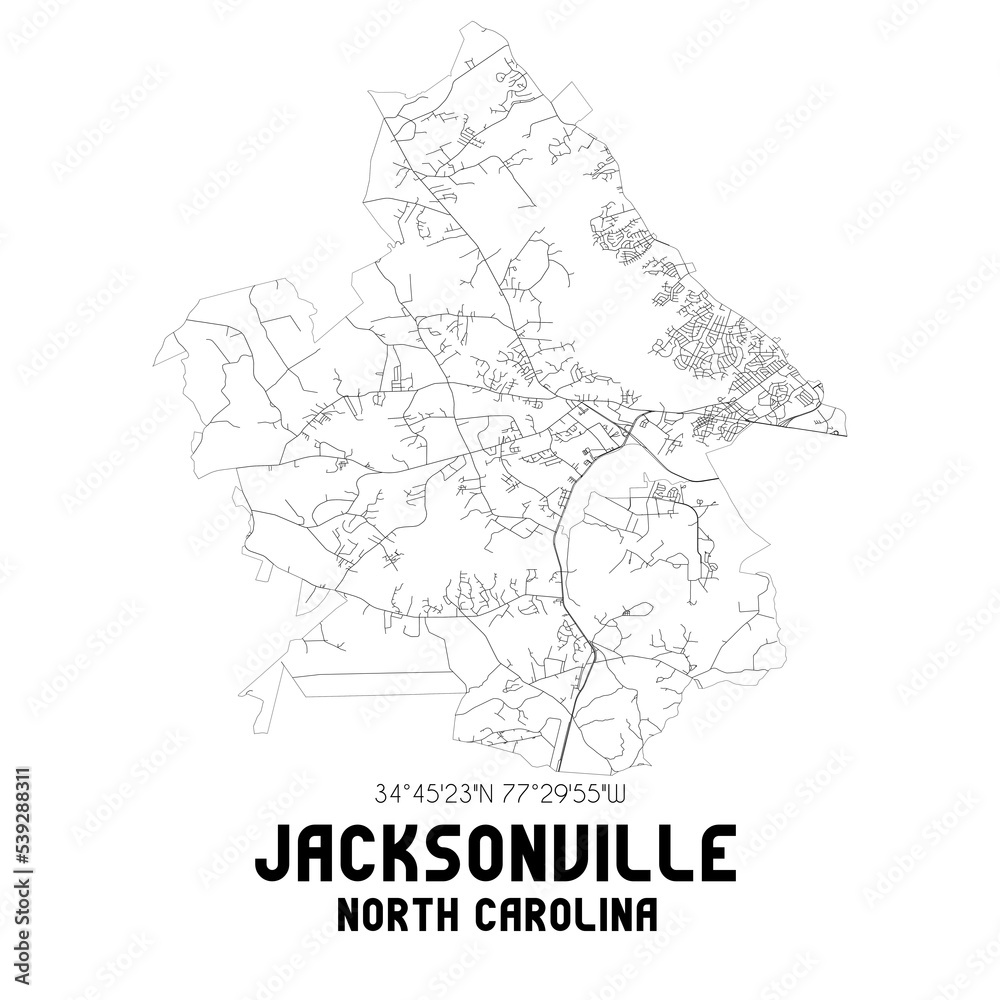 Jacksonville North Carolina. US street map with black and white lines.