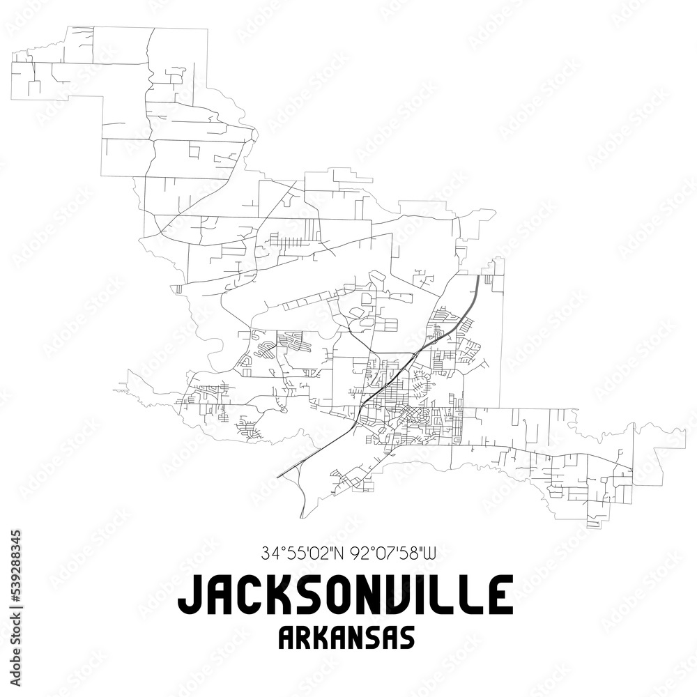 Jacksonville Arkansas. US street map with black and white lines.