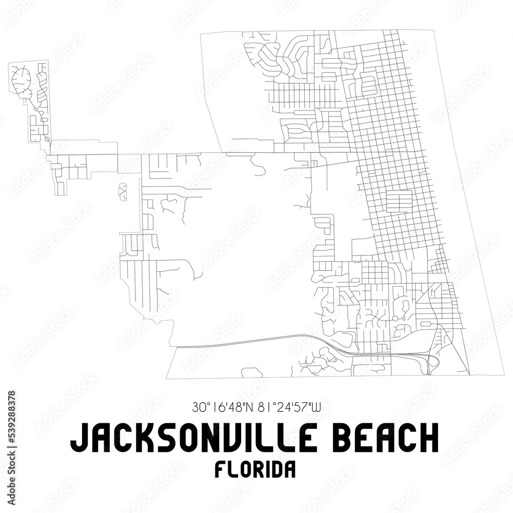 Jacksonville Beach Florida. US street map with black and white lines.