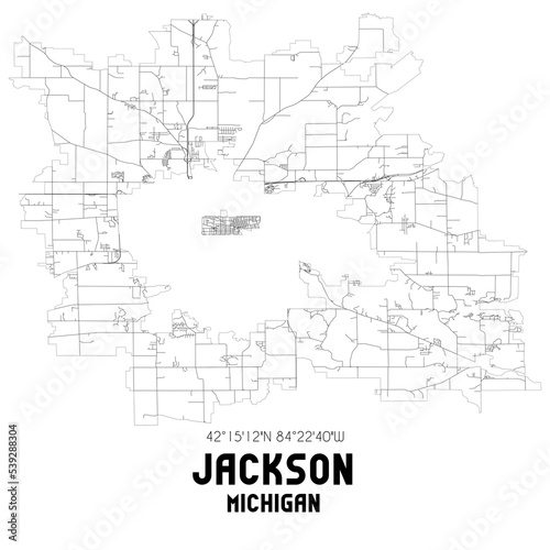 Jackson Michigan. US street map with black and white lines.