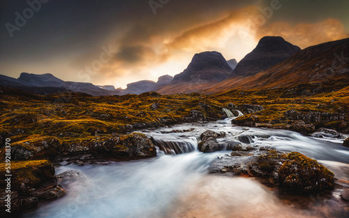 Rough rocky autumn landscape with a river during sunset with distant mountains