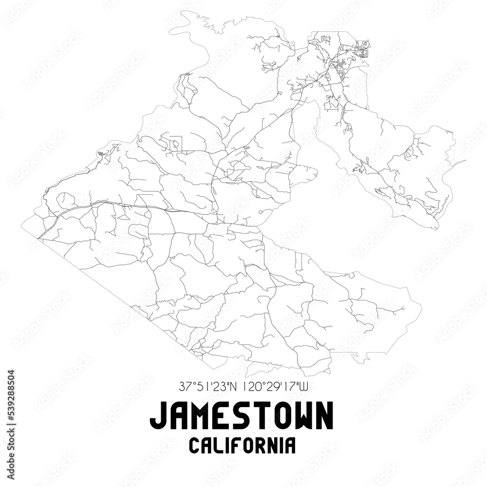 Jamestown California. US street map with black and white lines.