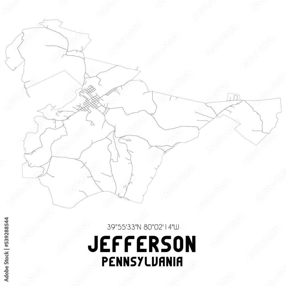 Jefferson Pennsylvania. US street map with black and white lines.