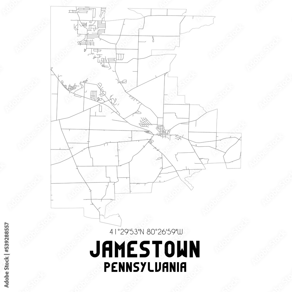 Jamestown Pennsylvania. US street map with black and white lines.