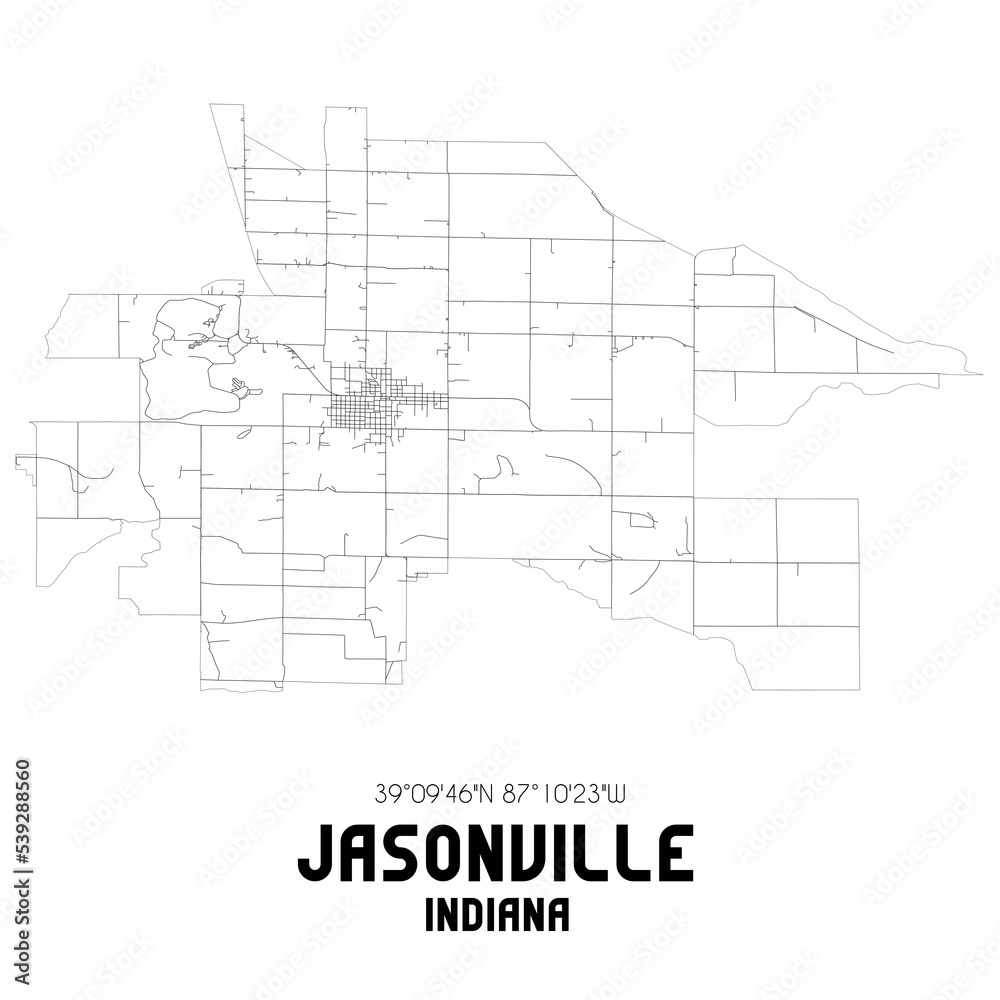 Jasonville Indiana. US street map with black and white lines.