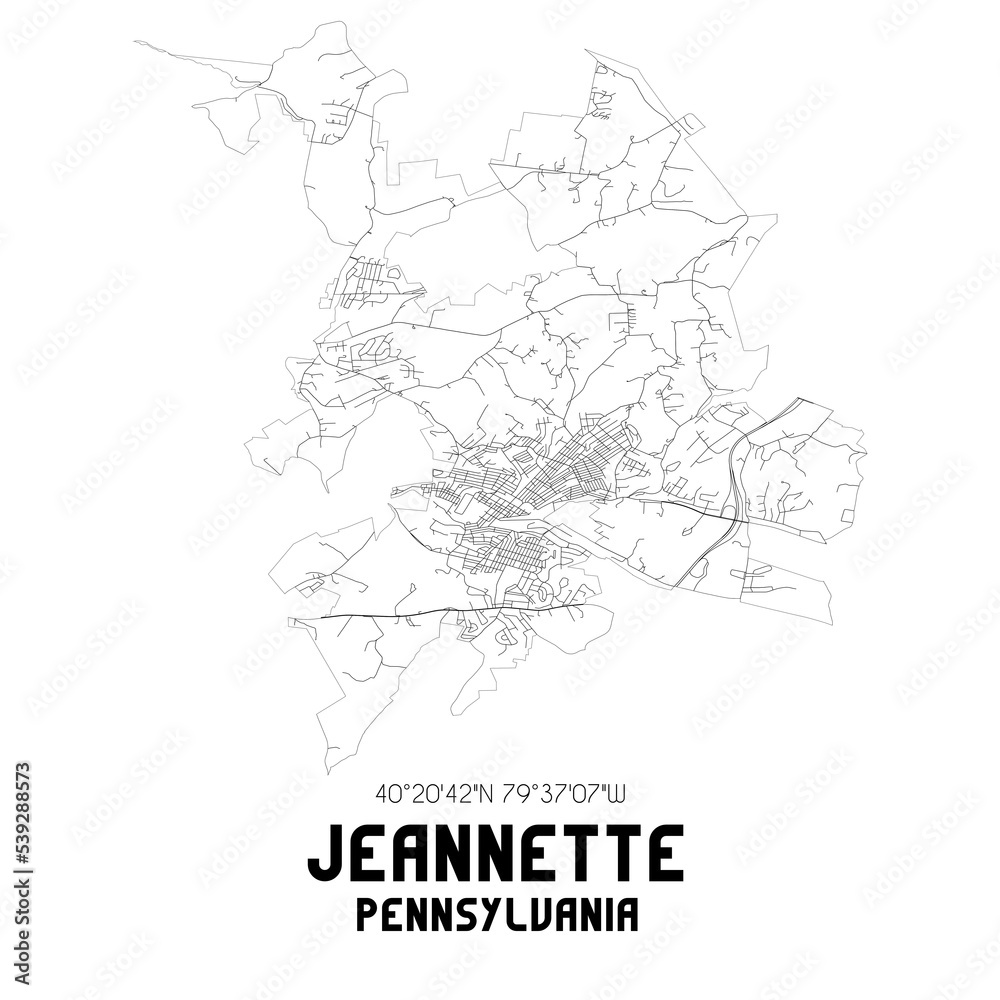 Jeannette Pennsylvania. US street map with black and white lines.