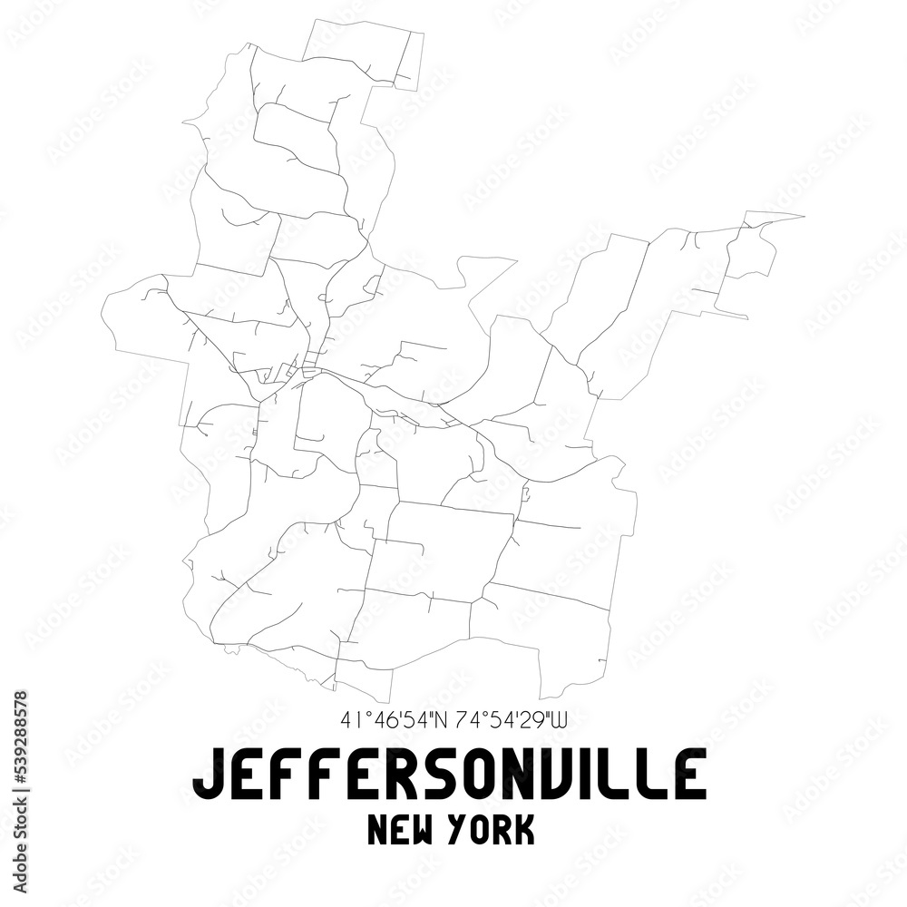 Jeffersonville New York. US street map with black and white lines.