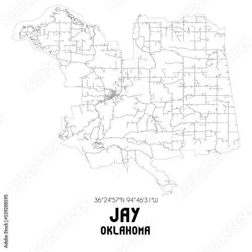 Jay Oklahoma. US street map with black and white lines.