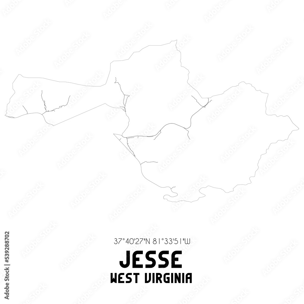 Jesse West Virginia. US street map with black and white lines.