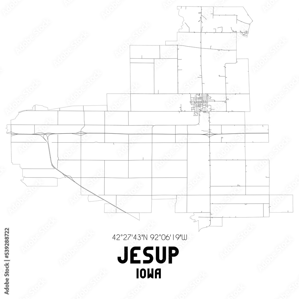 Jesup Iowa. US street map with black and white lines.