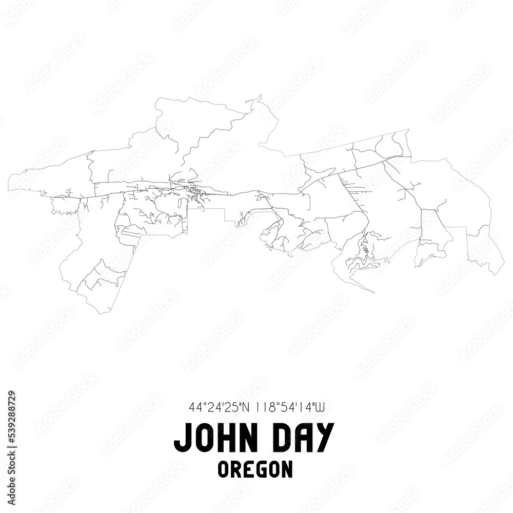 John Day Oregon. US street map with black and white lines.