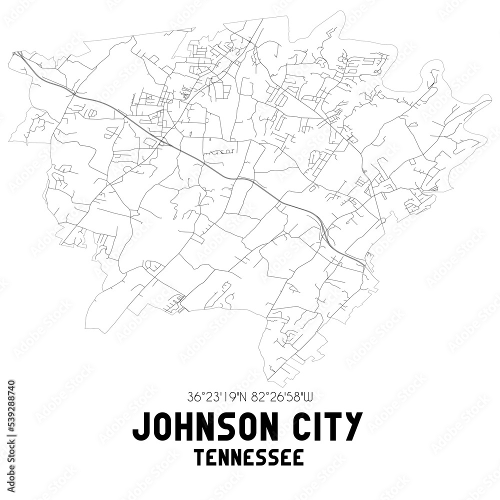 Johnson City Tennessee. US street map with black and white lines.