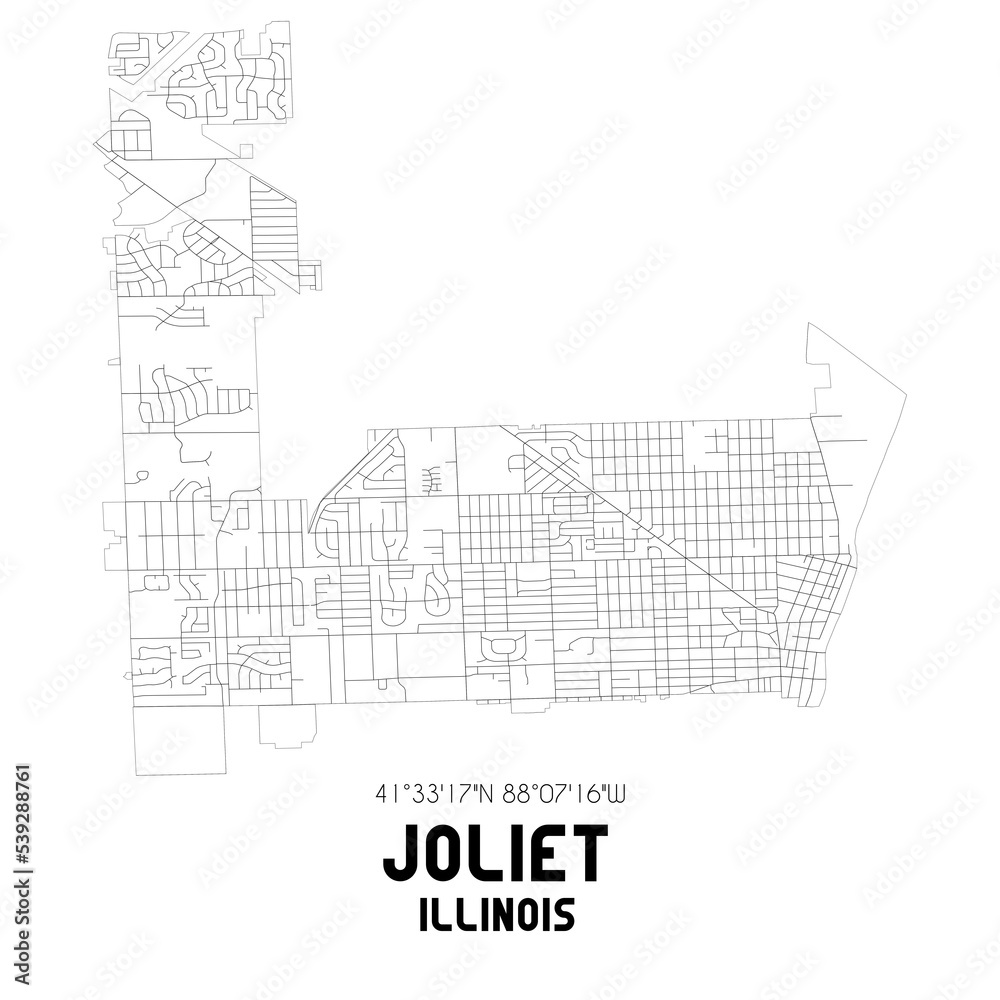 Joliet Illinois. US street map with black and white lines.