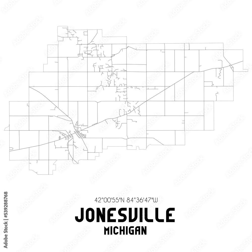 Jonesville Michigan. US street map with black and white lines.