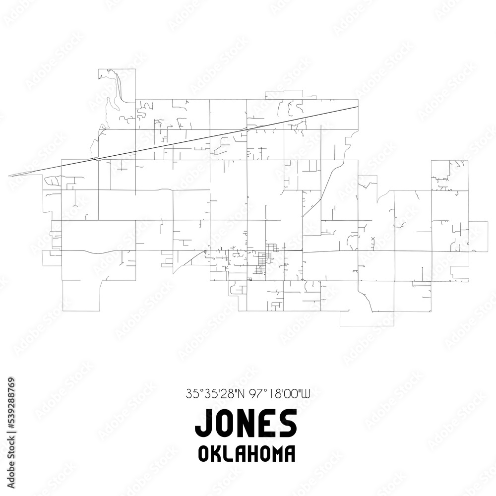 Jones Oklahoma. US street map with black and white lines.