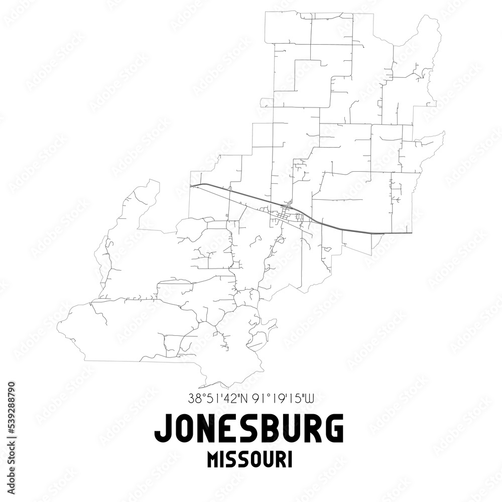 Jonesburg Missouri. US street map with black and white lines.