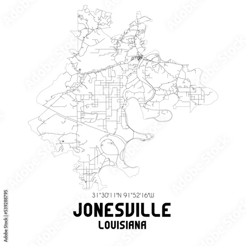 Jonesville Louisiana. US street map with black and white lines.