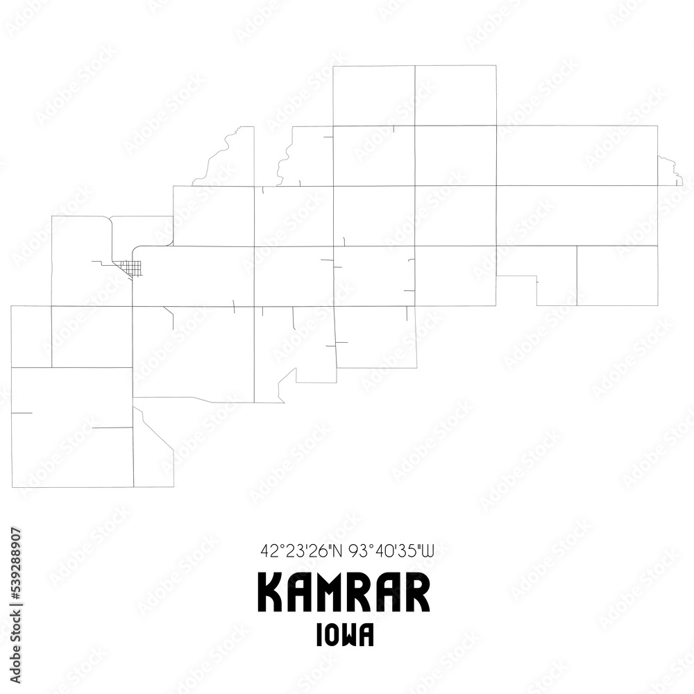 Kamrar Iowa. US street map with black and white lines.