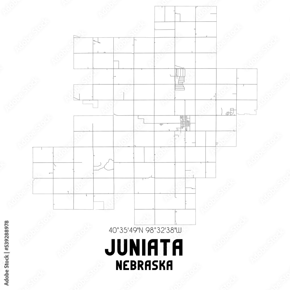 Juniata Nebraska. US street map with black and white lines. Juniata Nebraska. US street map with black and white lines.