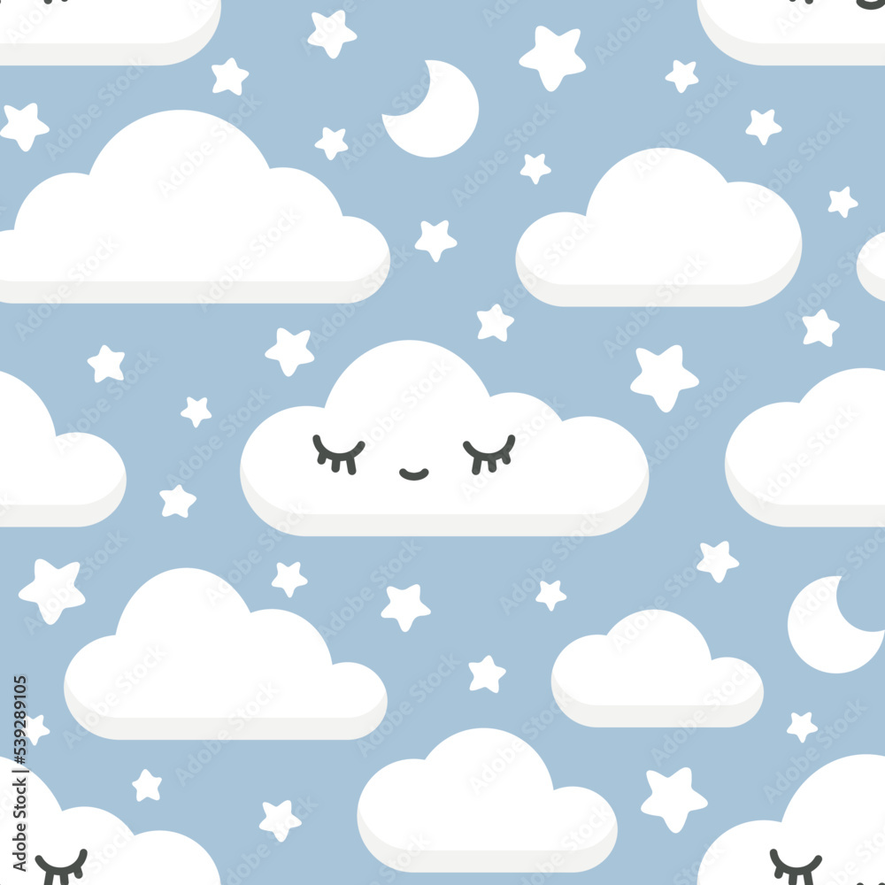 Cute clouds with eyes and long lashes pastel blue for baby girl and boy textile and fabric print. Kawaii seamless pattern , wallpaper art for nursery room. Cute clouds with eyes and long lashes pastel blue for baby girl and boy textile and fabric print. Kawaii seamless pattern , wallpaper art for nursery room.