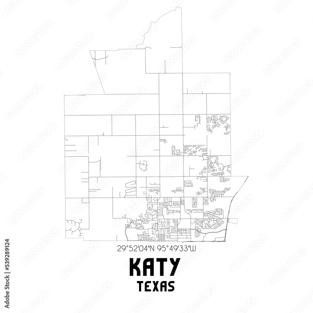 Katy Texas. US street map with black and white lines. Stock