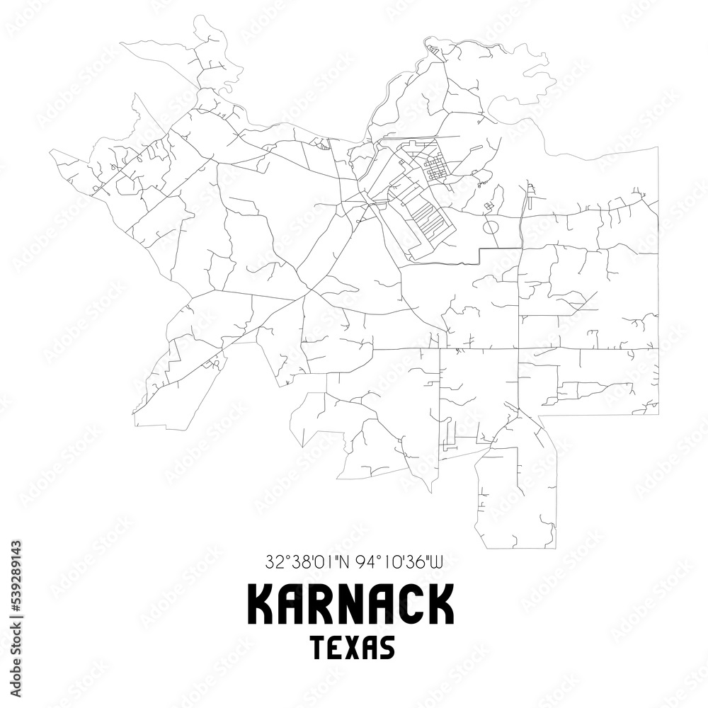 Karnack Texas. US street map with black and white lines.
