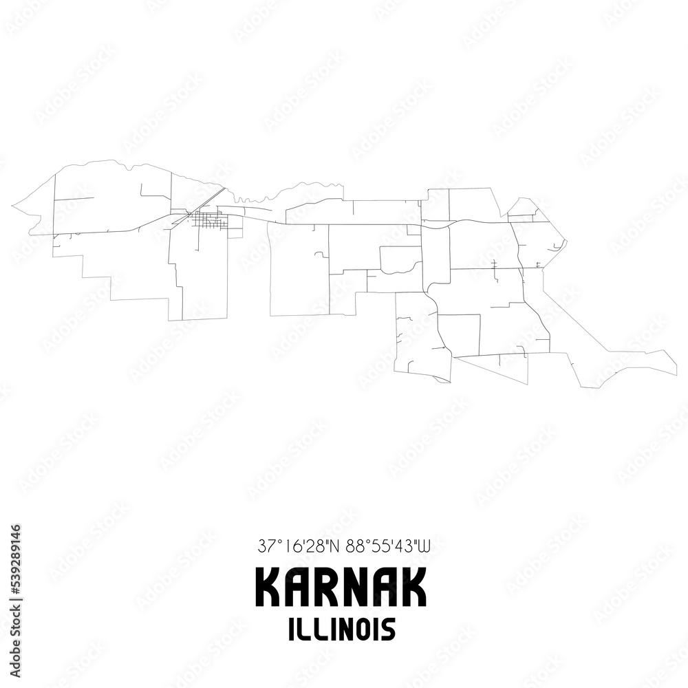 Karnak Illinois. US street map with black and white lines.
