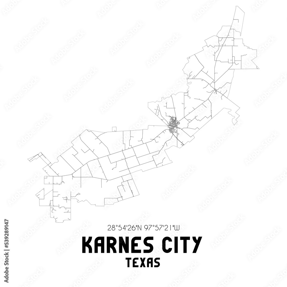 Karnes City Texas. US street map with black and white lines.