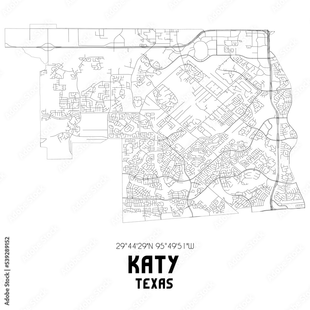 Katy Texas. US street map with black and white lines.