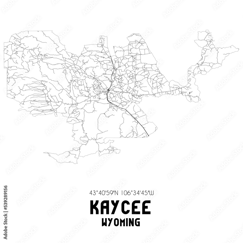 Kaycee Wyoming. US street map with black and white lines.