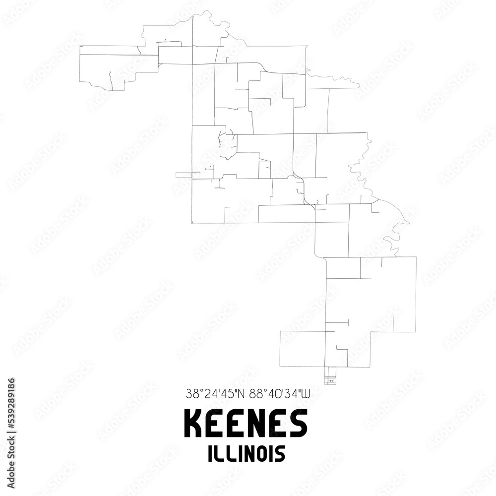 Keenes Illinois. US street map with black and white lines.