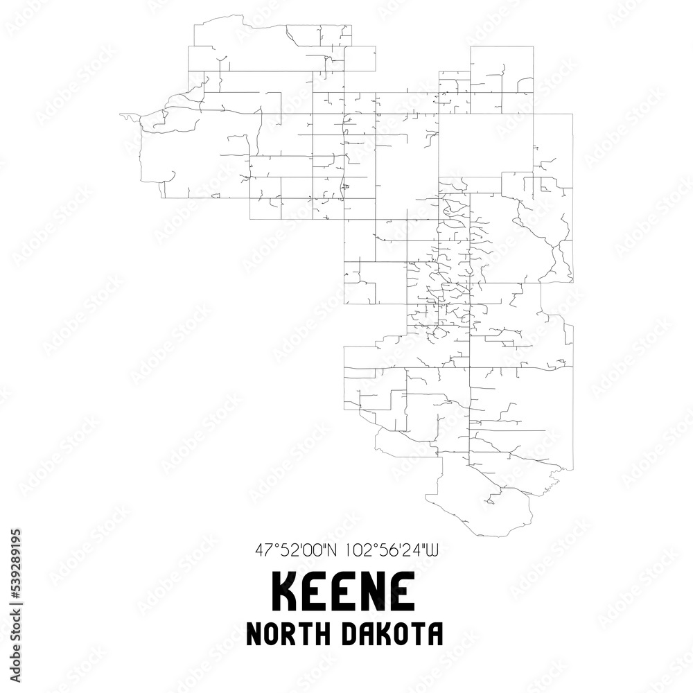 Keene North Dakota. US street map with black and white lines.