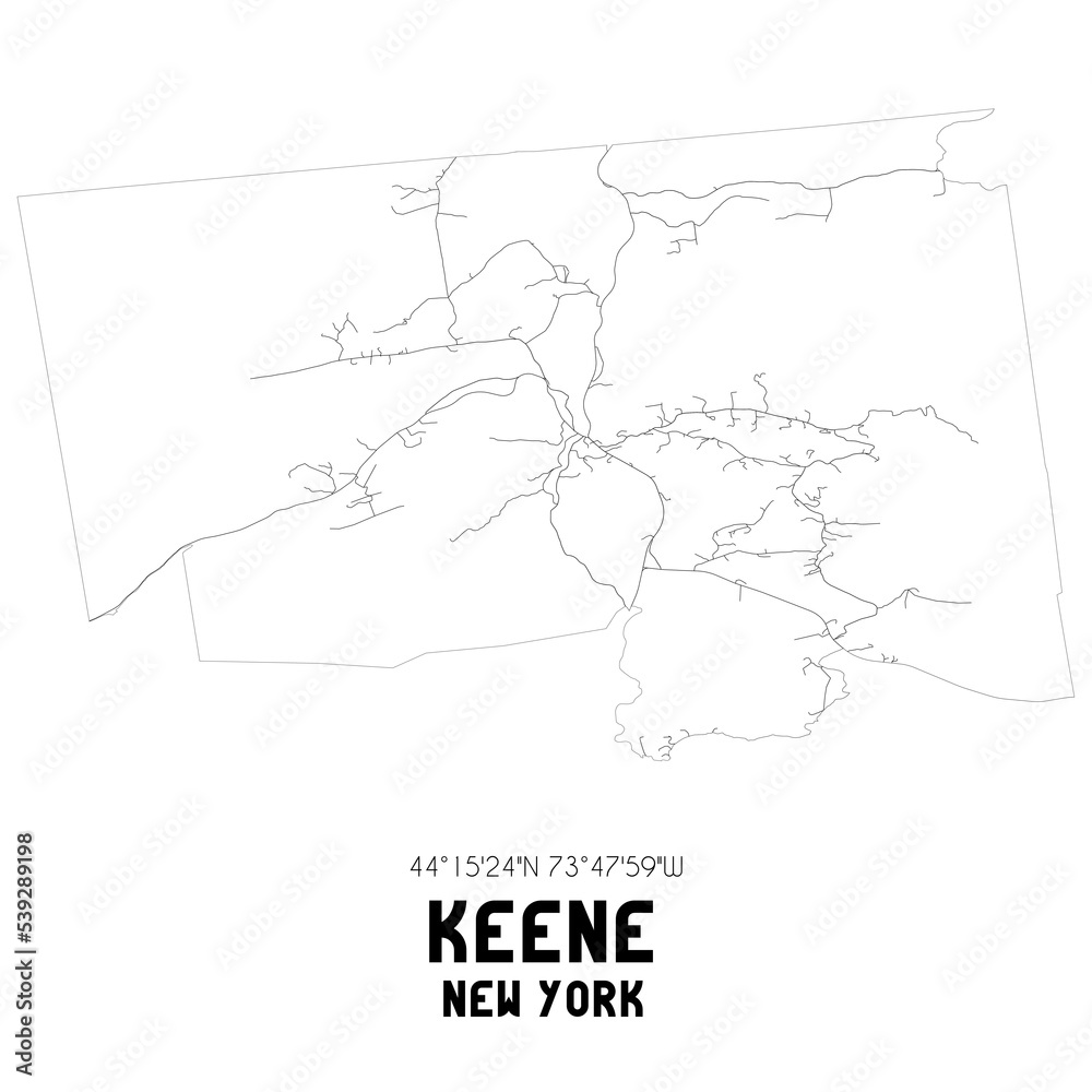 Keene New York. US street map with black and white lines.