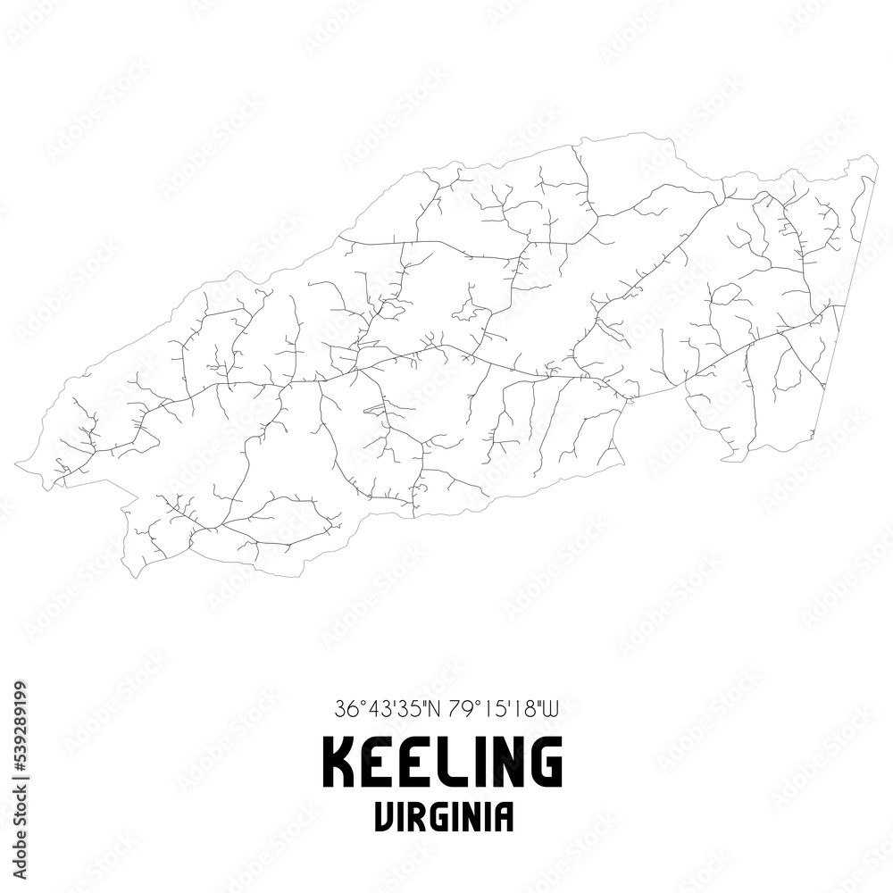Keeling Virginia. US street map with black and white lines.