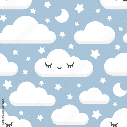 Cute clouds with eyes and long lashes pastel blue for baby girl and boy textile and fabric print. Kawaii seamless pattern , wallpaper art for nursery room.