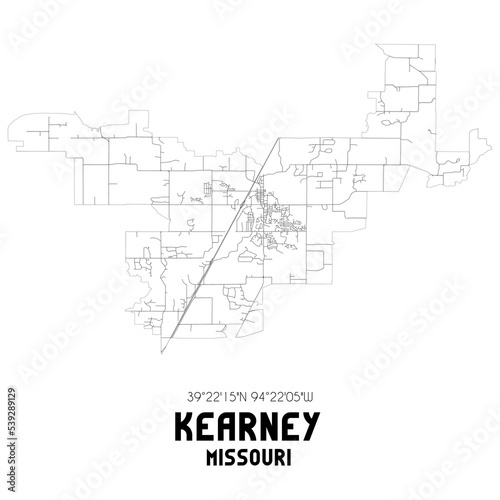 Kearney Missouri. US street map with black and white lines.