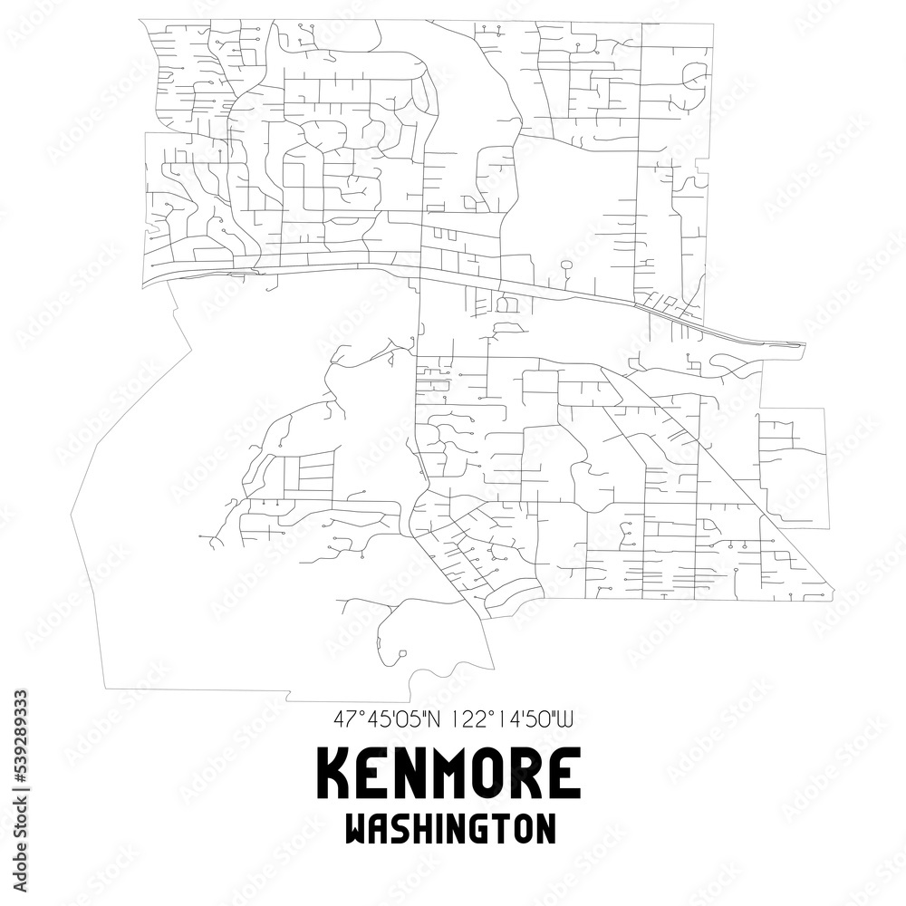 Kenmore Washington. US street map with black and white lines.
