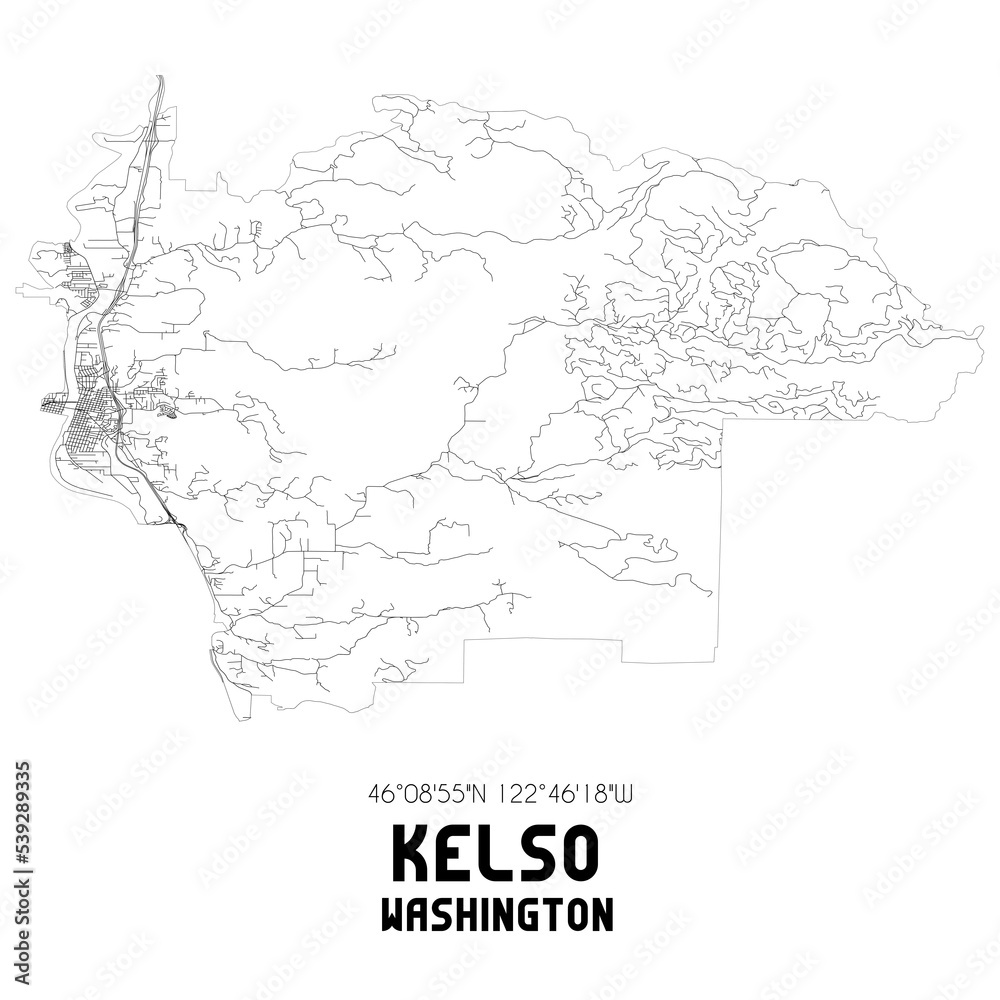 Kelso Washington. US street map with black and white lines.