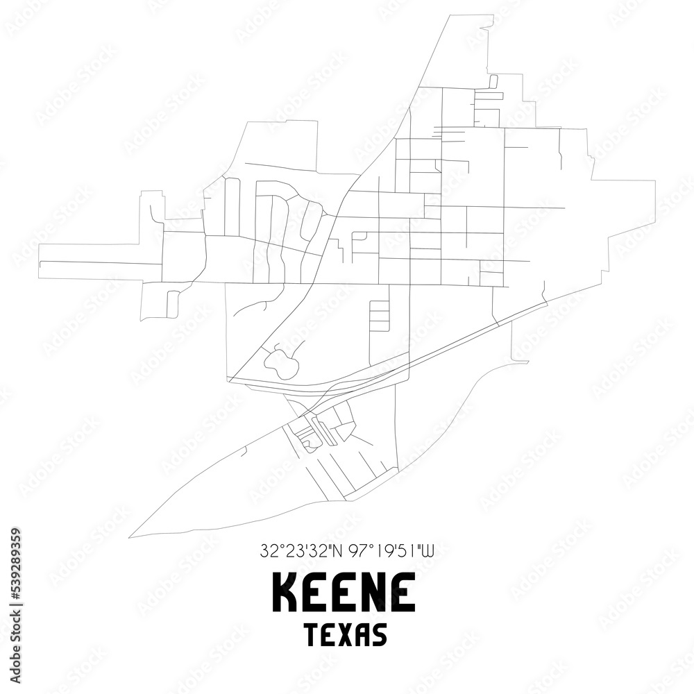 Keene Texas. US street map with black and white lines.