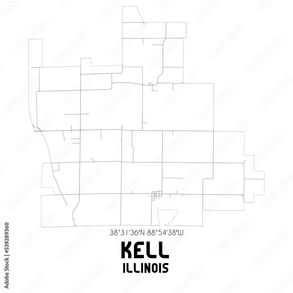 Kell Illinois. US street map with black and white lines.