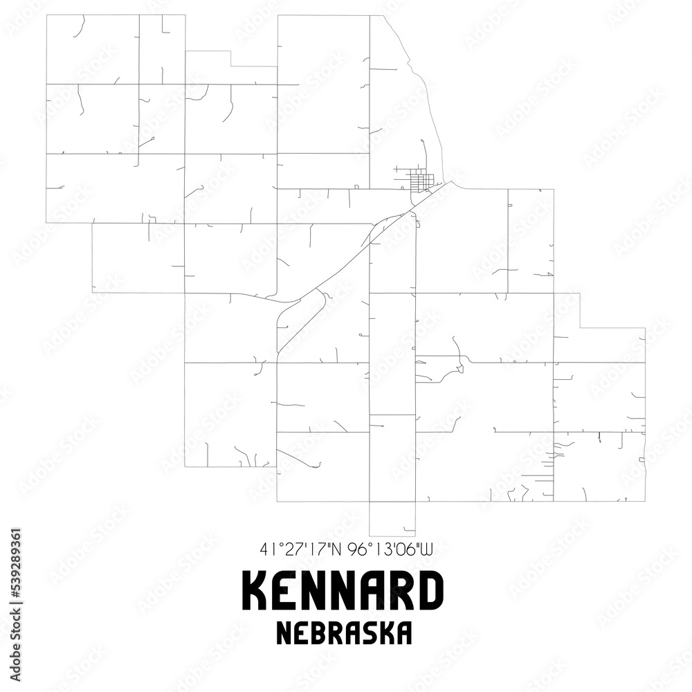 Kennard Nebraska. US street map with black and white lines.