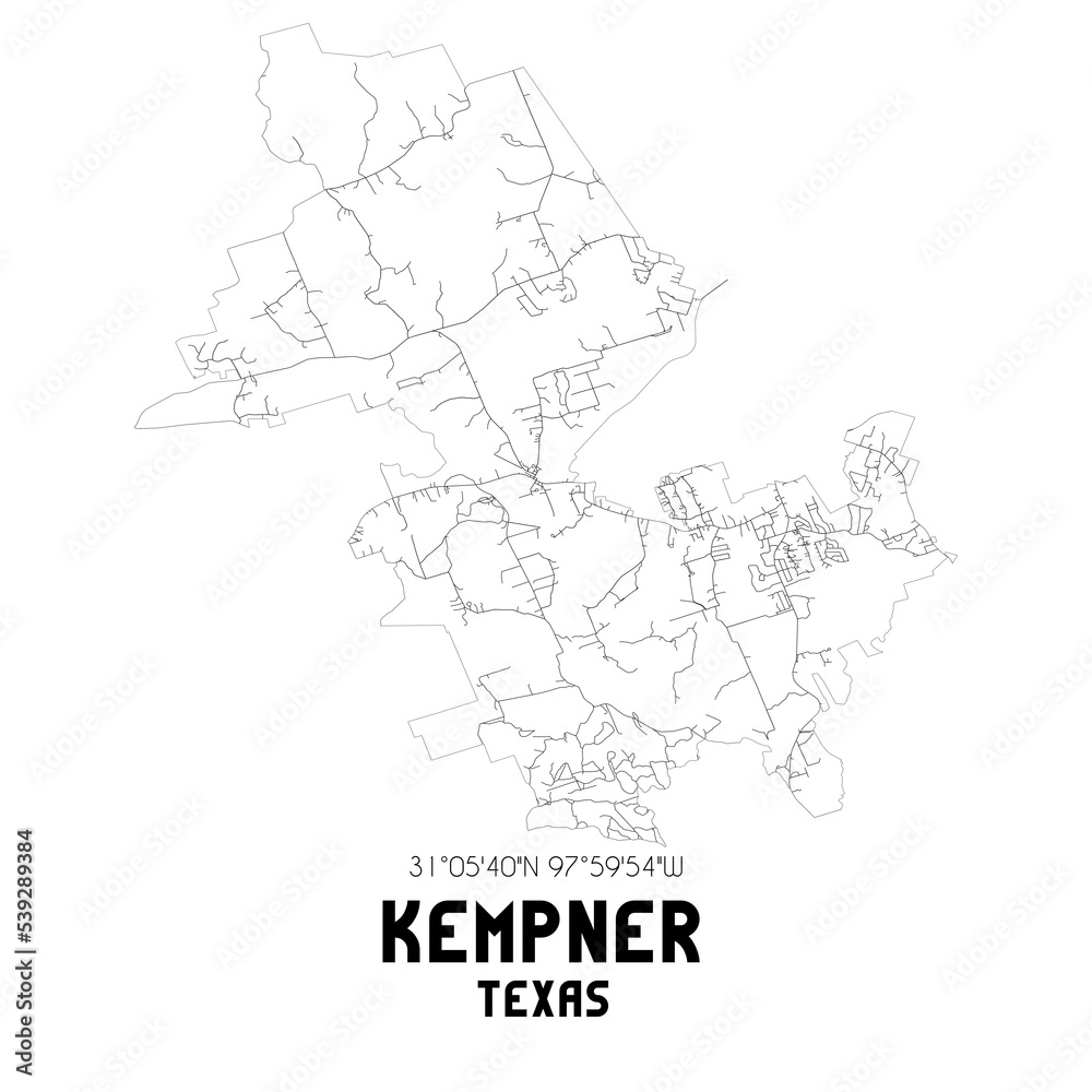 Kempner Texas. US street map with black and white lines.
